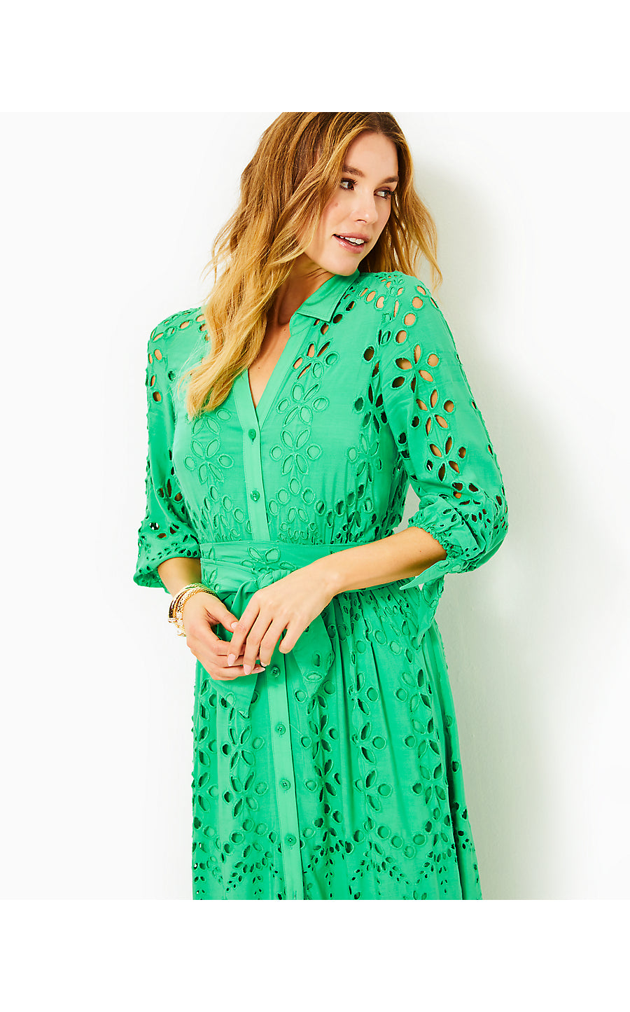 AMRITA 3/4 SLEEVE EYELET DRESS, SPEARMINT SOIREE EYELET