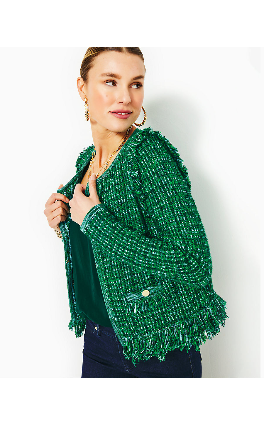 SIMORA CARDIGAN, EVERGREEN EXOTIC TWEED