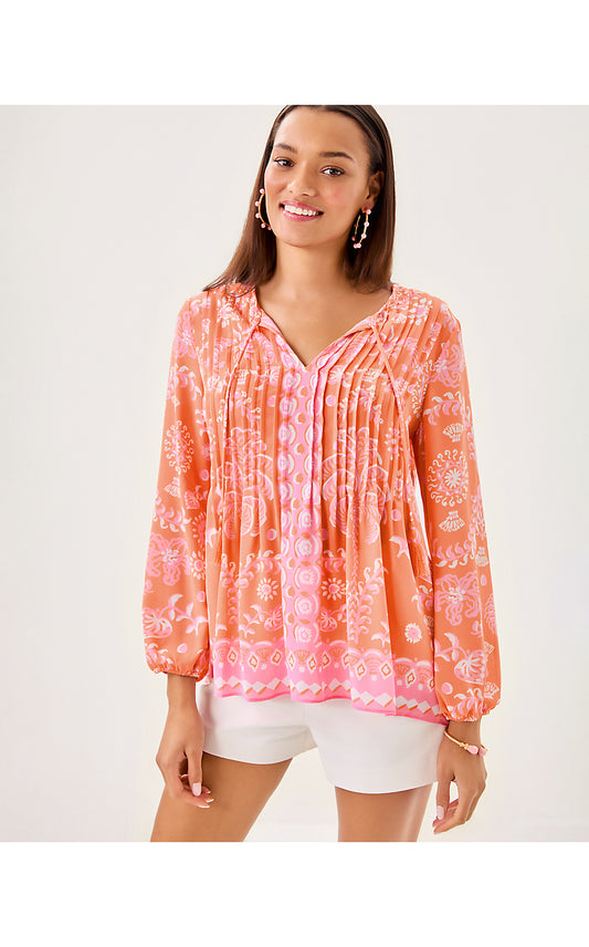 MARILINA LONG SLEEVE TUNIC, PAPAYA BREEZY PALM ENGINEERED TUNIC