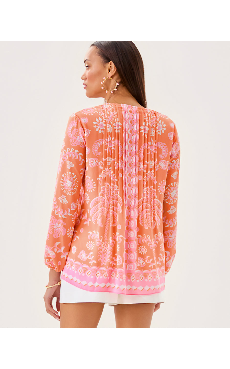 MARILINA LONG SLEEVE TUNIC, PAPAYA BREEZY PALM ENGINEERED TUNIC