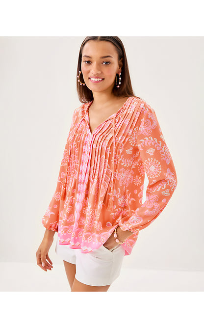 MARILINA LONG SLEEVE TUNIC, PAPAYA BREEZY PALM ENGINEERED TUNIC