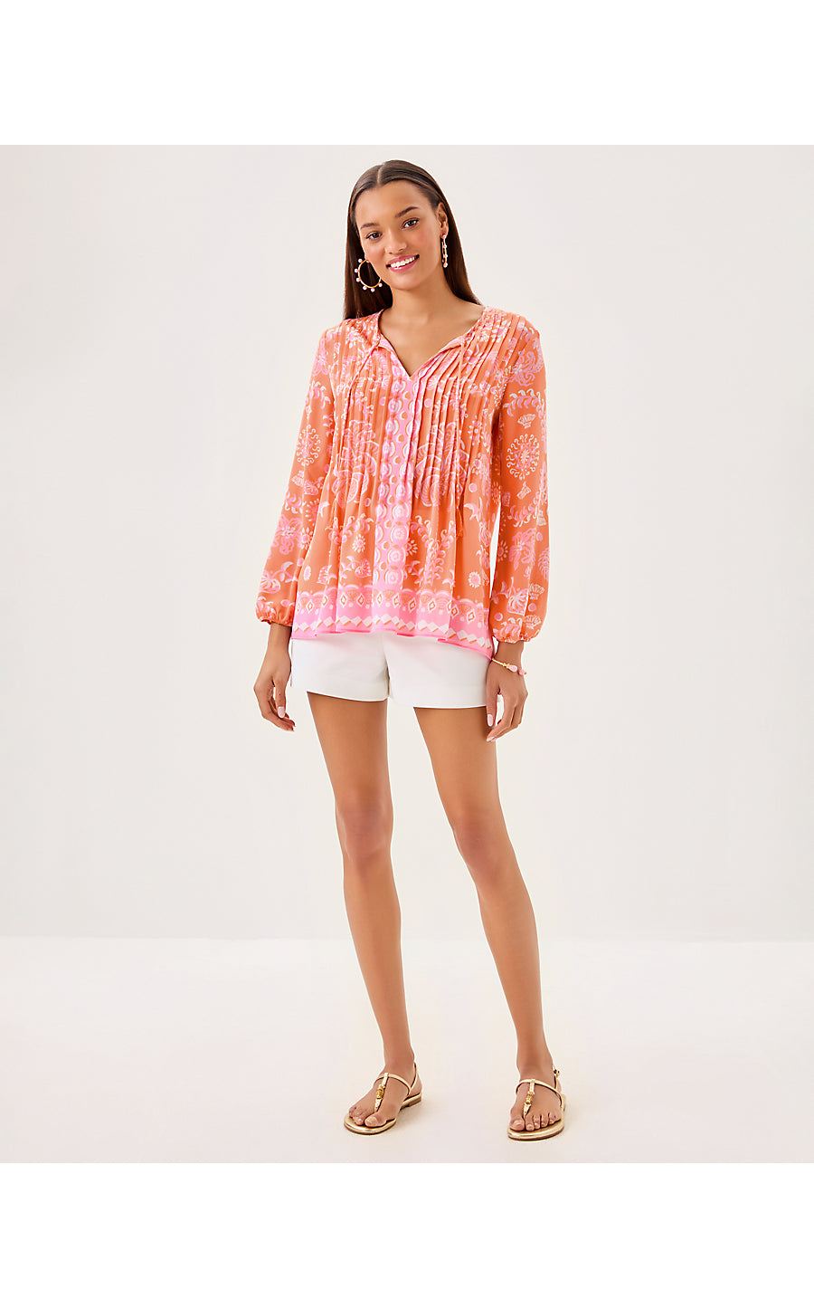 MARILINA LONG SLEEVE TUNIC, PAPAYA BREEZY PALM ENGINEERED TUNIC