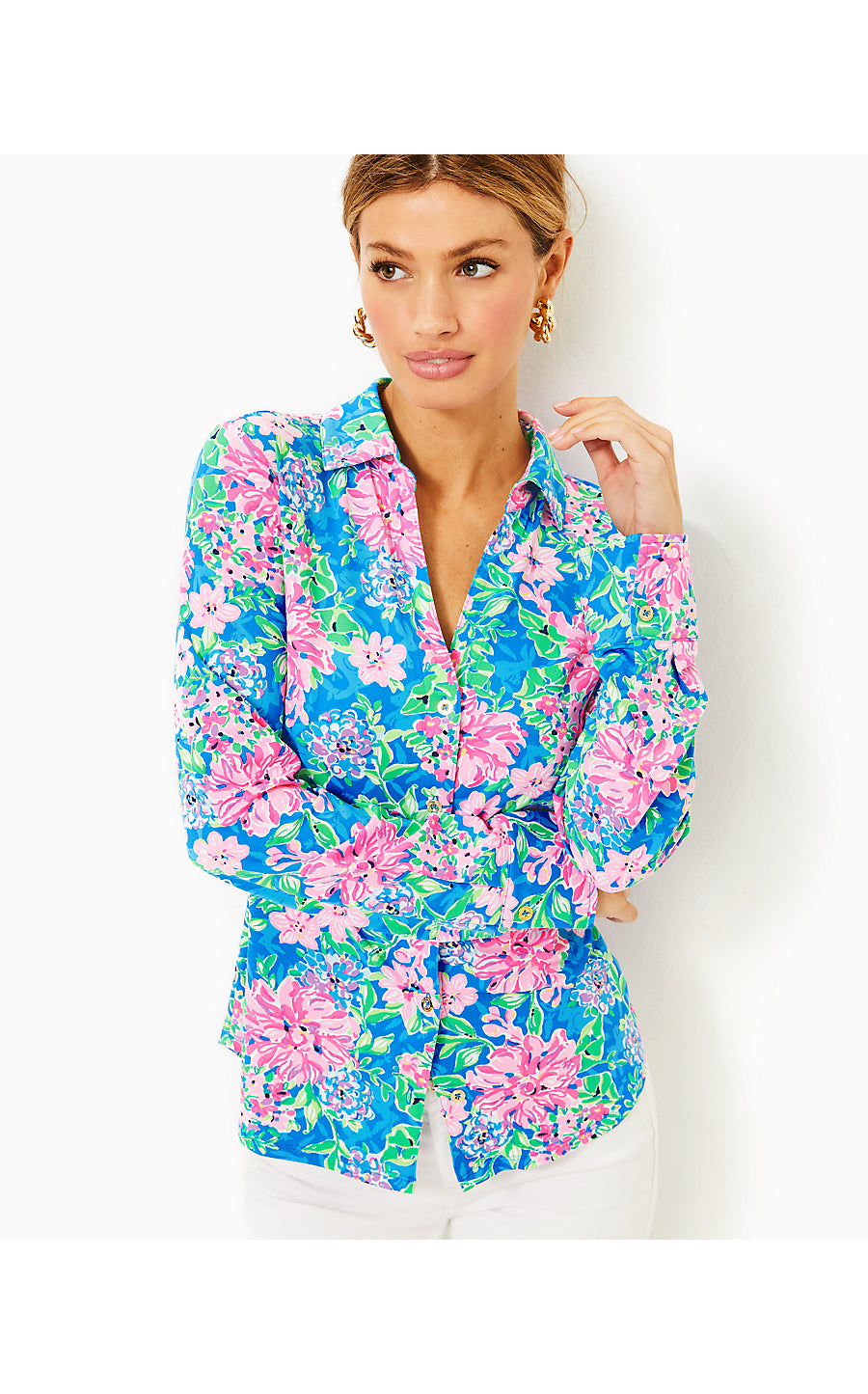 MARLENA UPF 50+ BUTTON DOWN, MULTI SPRING IN YOUR STEP