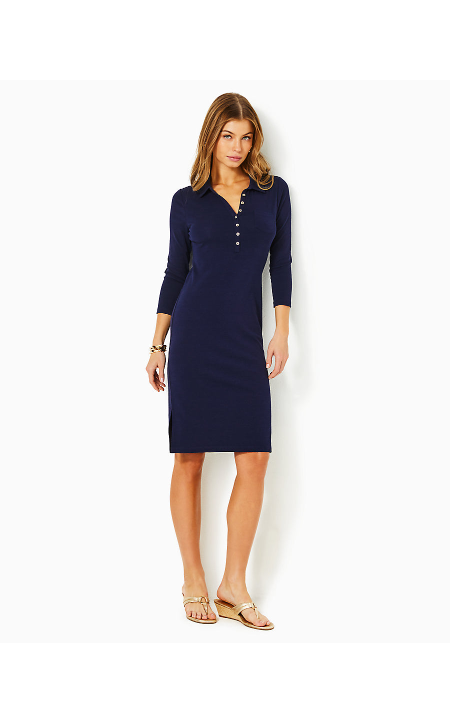 REEMA 3/4 SLEEVE KNEE LENGTH DRESS, TRUE NAVY