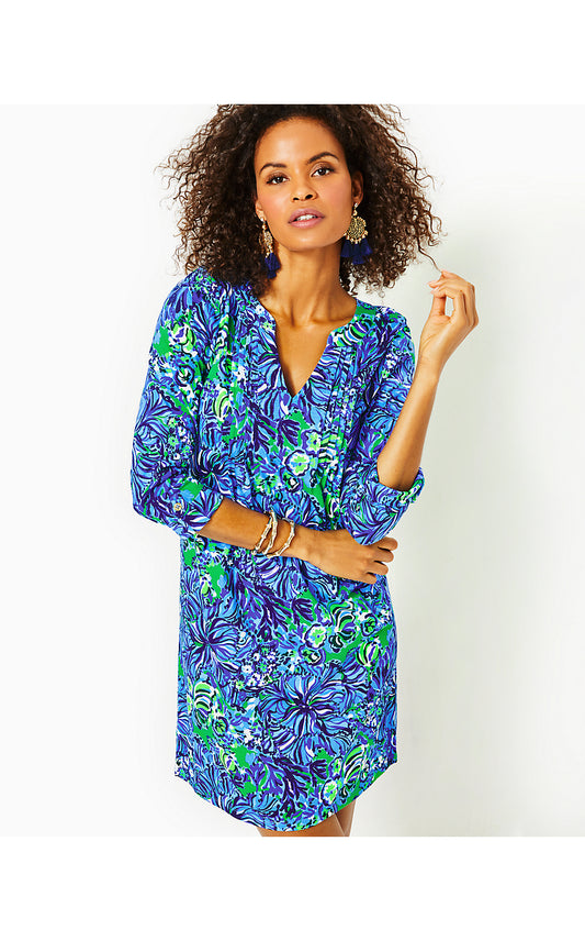 FAIRFAX 3/4 SLEEVE DRESS, ABACO BLUE IN TURTLE AWE