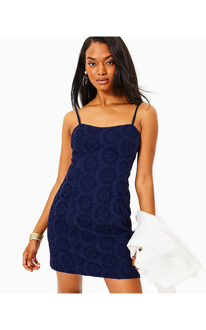 SHELLI DRESS, TRUE NAVY OVERSIZED PINWHEEL EYELET