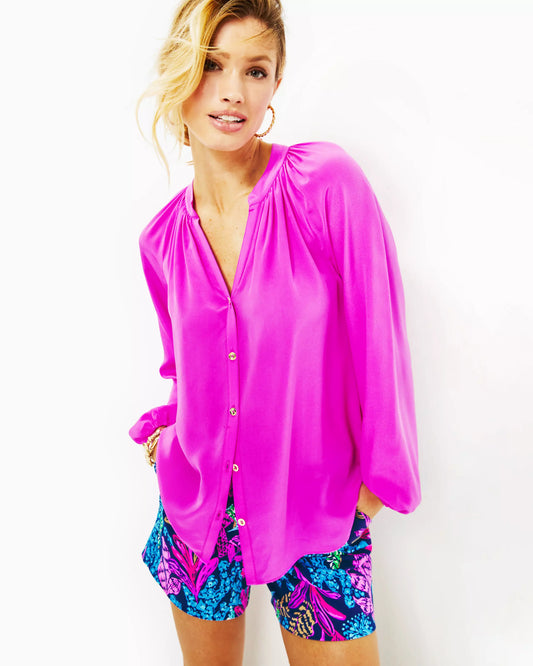 SAIGE LONG SLEEVE SILK TOP, ORCHID OASIS