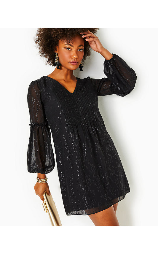 CLEME LONG SLEEVE SILK DRESS, ONYX FISH CLIP CHIFFON