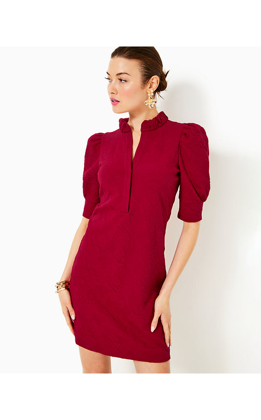 ELSEY ELBOW SLEEVE DRESS, MALBEC RED KNIT PUCKER JACQUARD