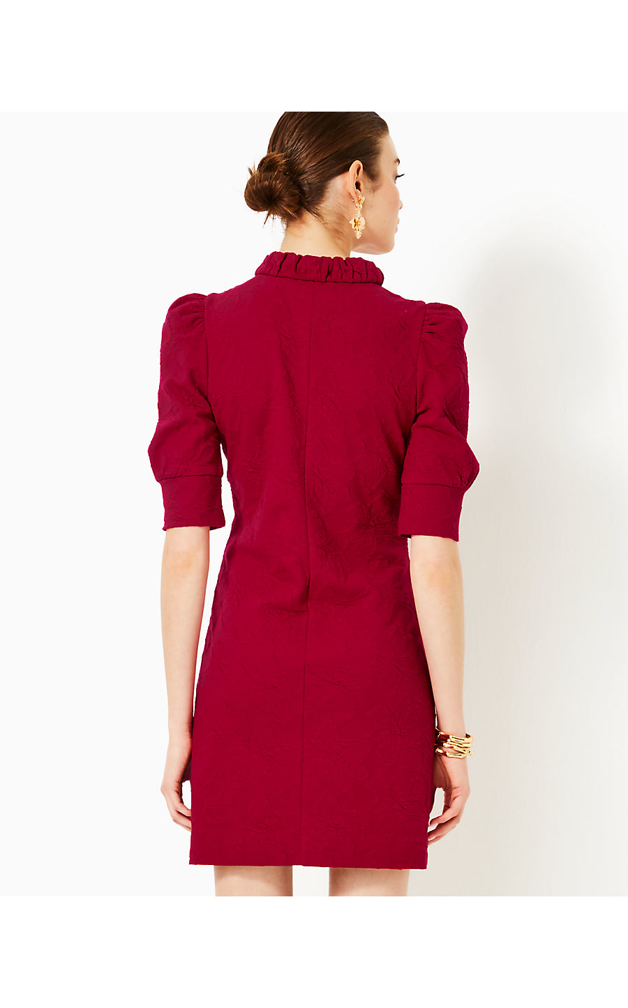 ELSEY ELBOW SLEEVE DRESS, MALBEC RED KNIT PUCKER JACQUARD