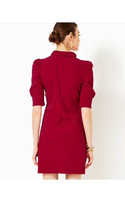ELSEY ELBOW SLEEVE DRESS, MALBEC RED KNIT PUCKER JACQUARD