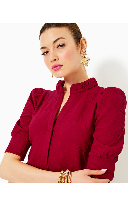 ELSEY ELBOW SLEEVE DRESS, MALBEC RED KNIT PUCKER JACQUARD