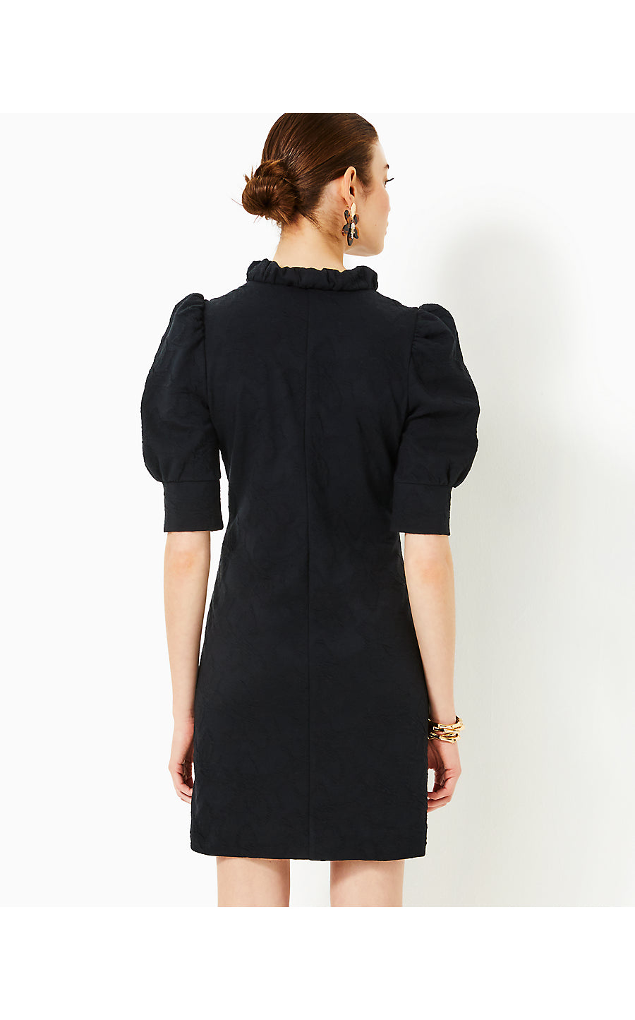 ELSEY ELBOW SLEEVE DRESS, NOIR KNIT PUCKER JACQUARD