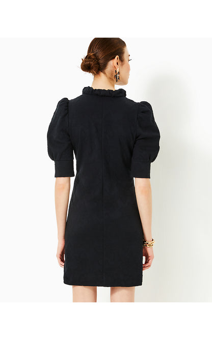 ELSEY ELBOW SLEEVE DRESS, NOIR KNIT PUCKER JACQUARD