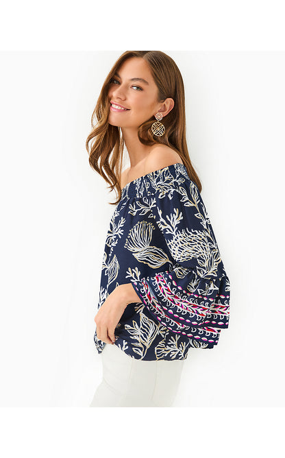 KAORI 3/4 SLEEVE OFF THE SHOULDER TOP, LOW TIDE NAVY COASTAL LOCALE ENGINEERED WOVEN TOP