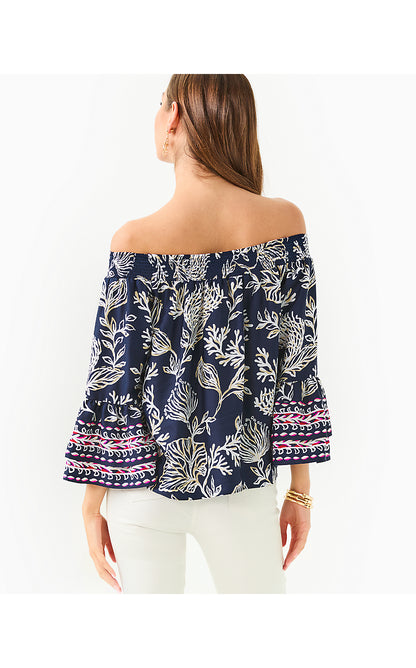 KAORI 3/4 SLEEVE OFF THE SHOULDER TOP, LOW TIDE NAVY COASTAL LOCALE ENGINEERED WOVEN TOP