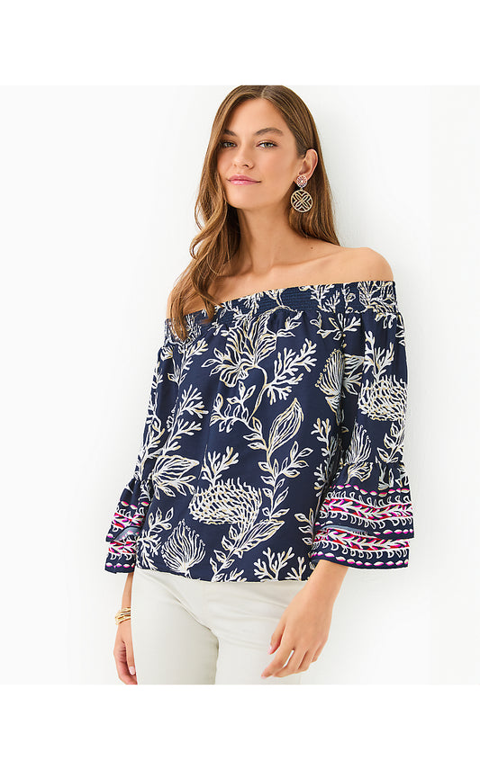 KAORI 3/4 SLEEVE OFF THE SHOULDER TOP, LOW TIDE NAVY COASTAL LOCALE ENGINEERED WOVEN TOP