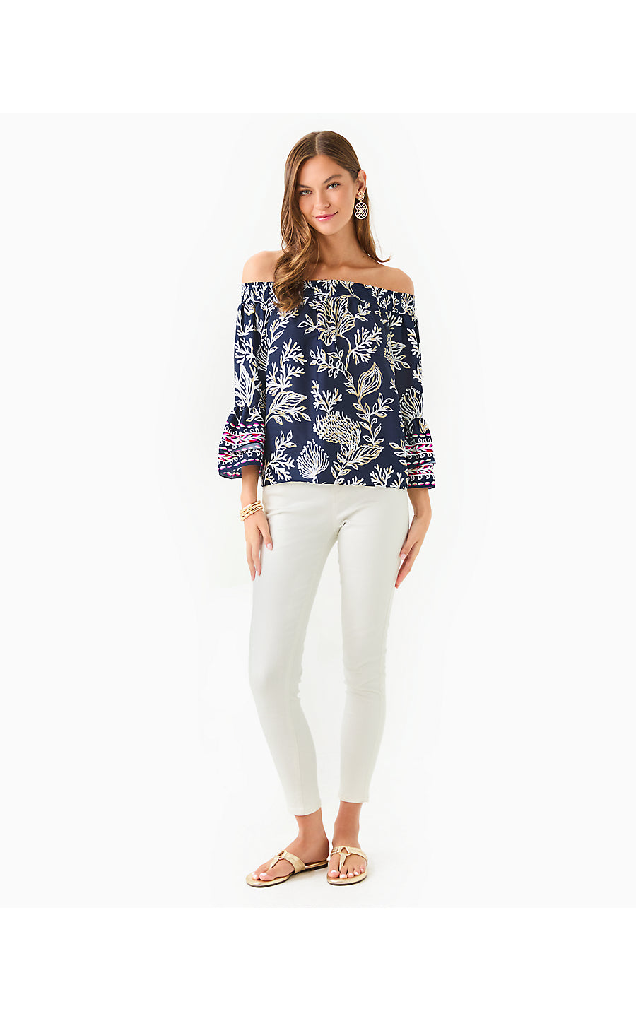 KAORI 3/4 SLEEVE OFF THE SHOULDER TOP, LOW TIDE NAVY COASTAL LOCALE ENGINEERED WOVEN TOP
