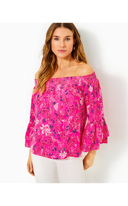 KAORI 3/4 SLEEVE OFF THE SHOULDER TOP, PASSION FRUIT PINK GIRAFFIC PARK