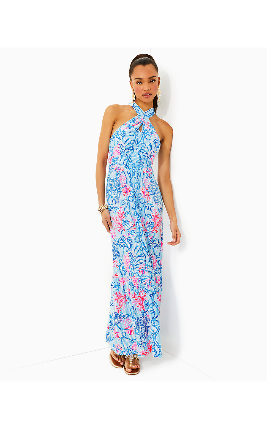 MONTECITO HALTER MAXI DRESS, MULTI NAUT TODAY ENGINEERED KNIT MAXI DRESS