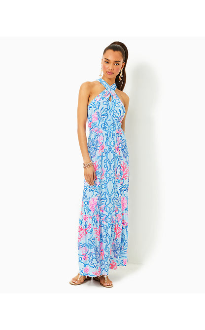 MONTECITO HALTER MAXI DRESS, MULTI NAUT TODAY ENGINEERED KNIT MAXI DRESS