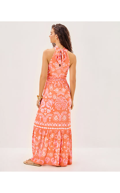 MONTECITO HALTER MAXI DRESS, PAPAYA BREEZY PALM ENGINEERED MAXI DRESS