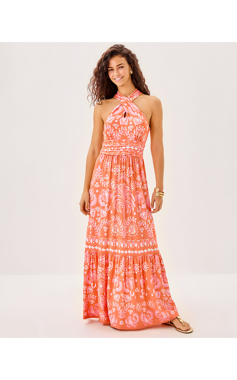 MONTECITO HALTER MAXI DRESS, PAPAYA BREEZY PALM ENGINEERED MAXI DRESS