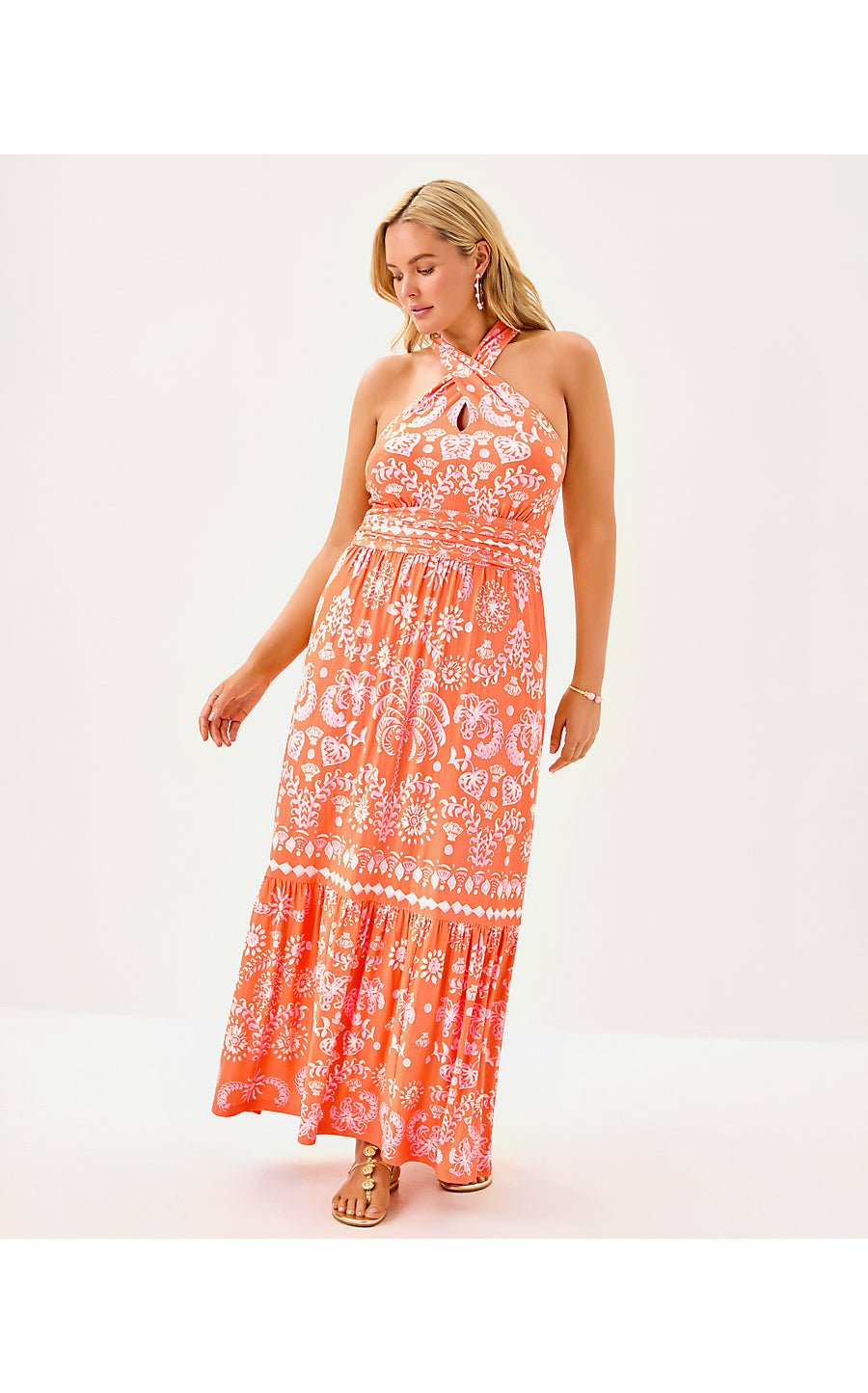MONTECITO HALTER MAXI DRESS, PAPAYA BREEZY PALM ENGINEERED MAXI DRESS