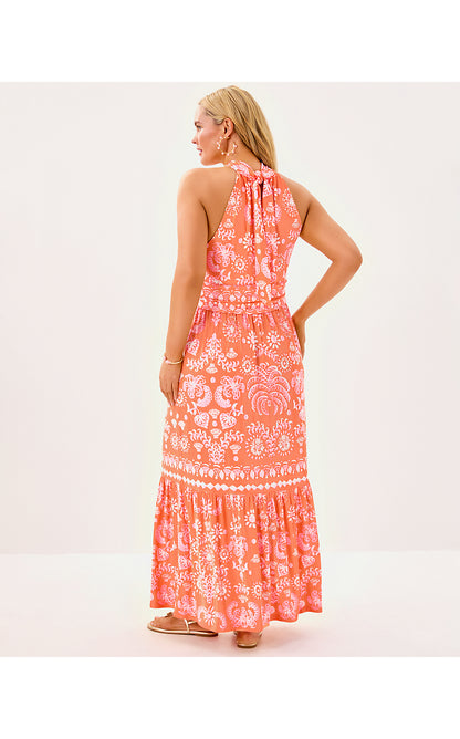MONTECITO HALTER MAXI DRESS, PAPAYA BREEZY PALM ENGINEERED MAXI DRESS