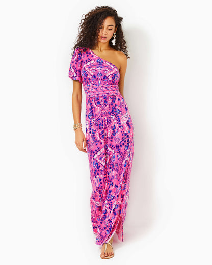 SOLANA ONE SHOULDER MAXI, HAVANA PINK TURTLE TIDEPOOL ENGINEERED KNIT DRESS