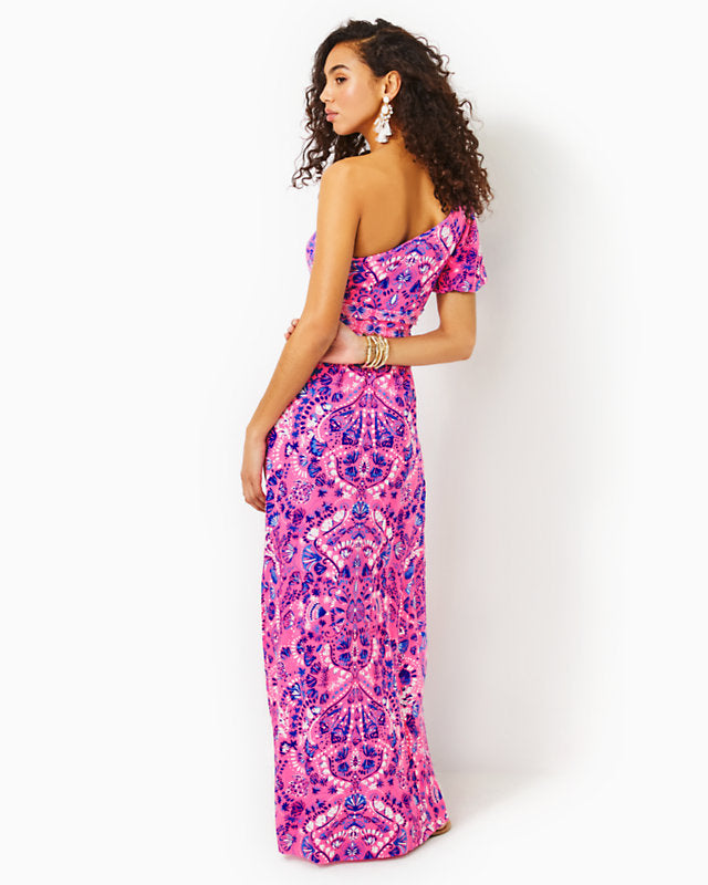 SOLANA ONE SHOULDER MAXI, HAVANA PINK TURTLE TIDEPOOL ENGINEERED KNIT DRESS