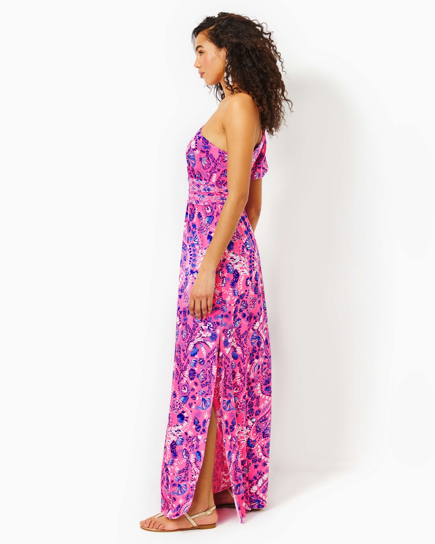 SOLANA ONE SHOULDER MAXI, HAVANA PINK TURTLE TIDEPOOL ENGINEERED KNIT DRESS