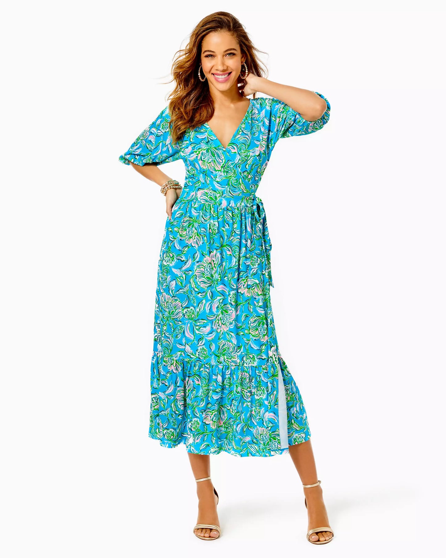 BRANTLEY MIDI WRAP DRESS, CUMULUS BLUE CHICK MAGNET