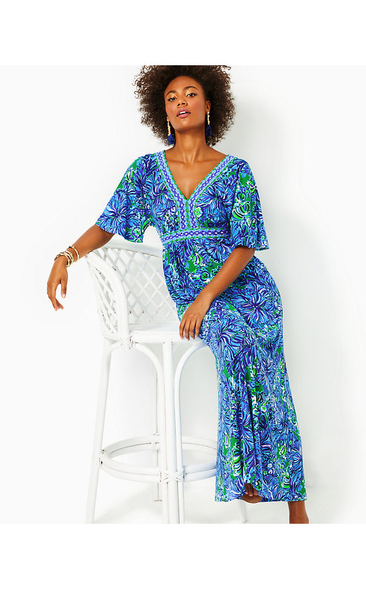 ADDISON ELBOW SLEEVE MAXI, ABACO BLUE IN TURTLE AWE ENGINEERED MAXI DRESS