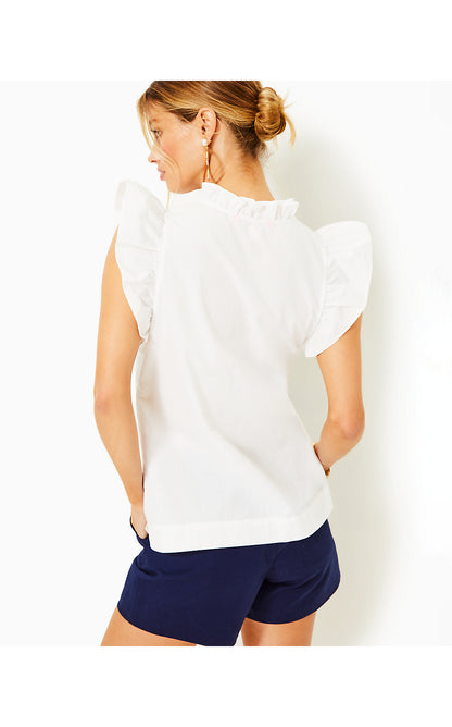 KLAUDIE RUFFLE SLEEVE COTTON TOP, RESORT WHITE