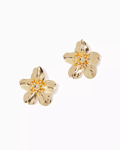 OVERSIZED ORCHID EARRINGS, GOLD METALLIC