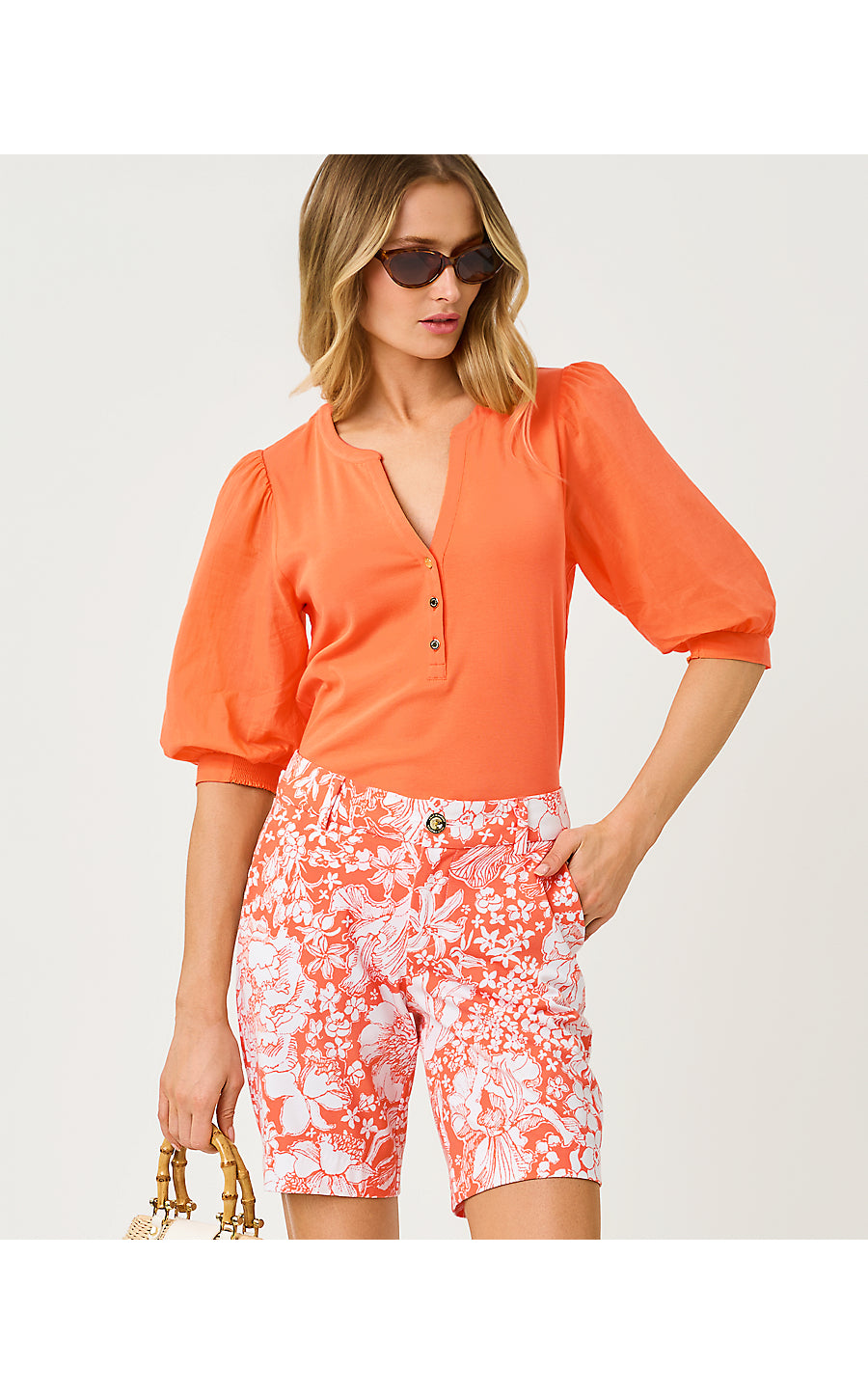 NATIA MID-RISE KNIT SHORT, SUNSET ORANGE BUDDING ROMANCE
