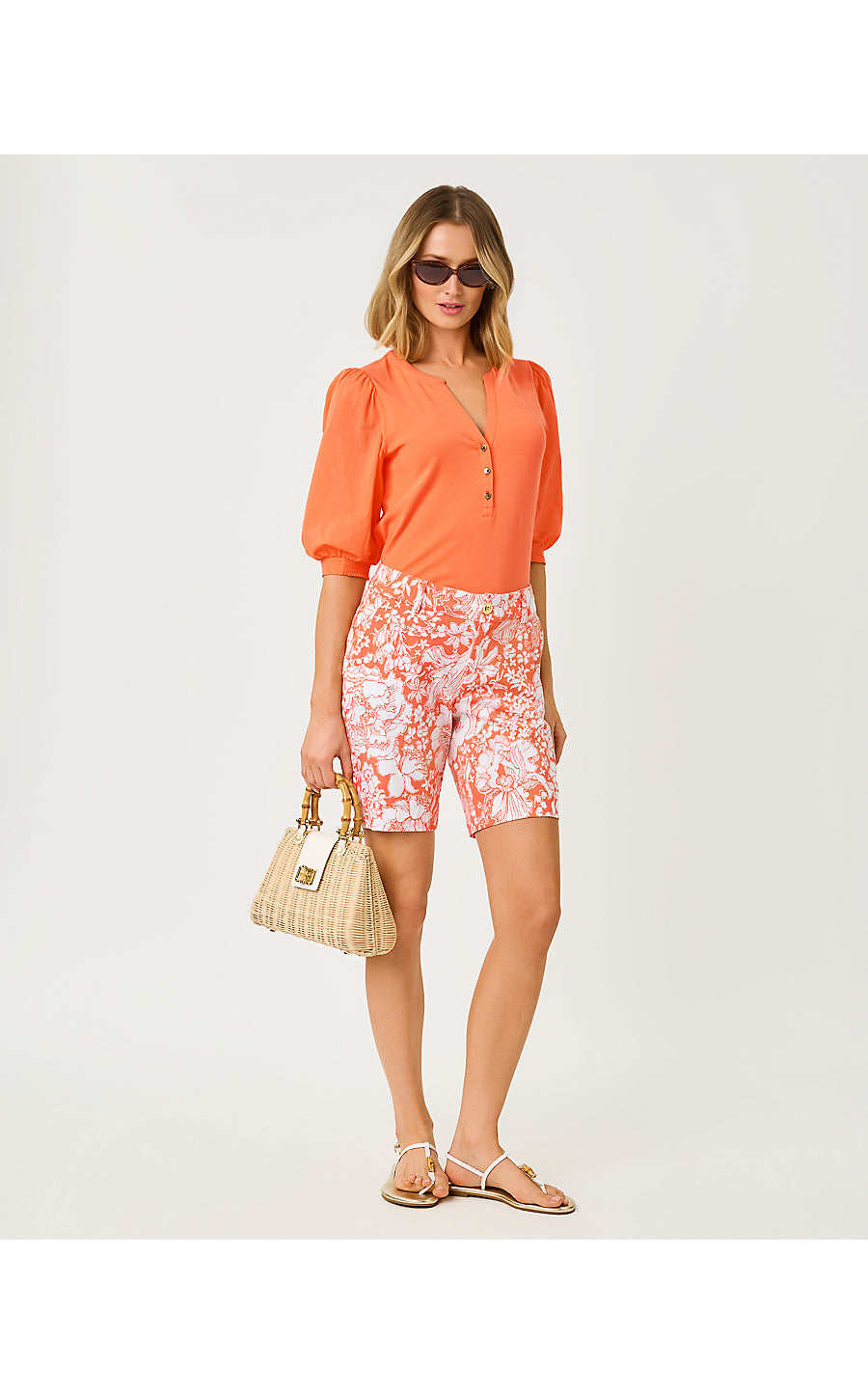 NATIA MID-RISE KNIT SHORT, SUNSET ORANGE BUDDING ROMANCE