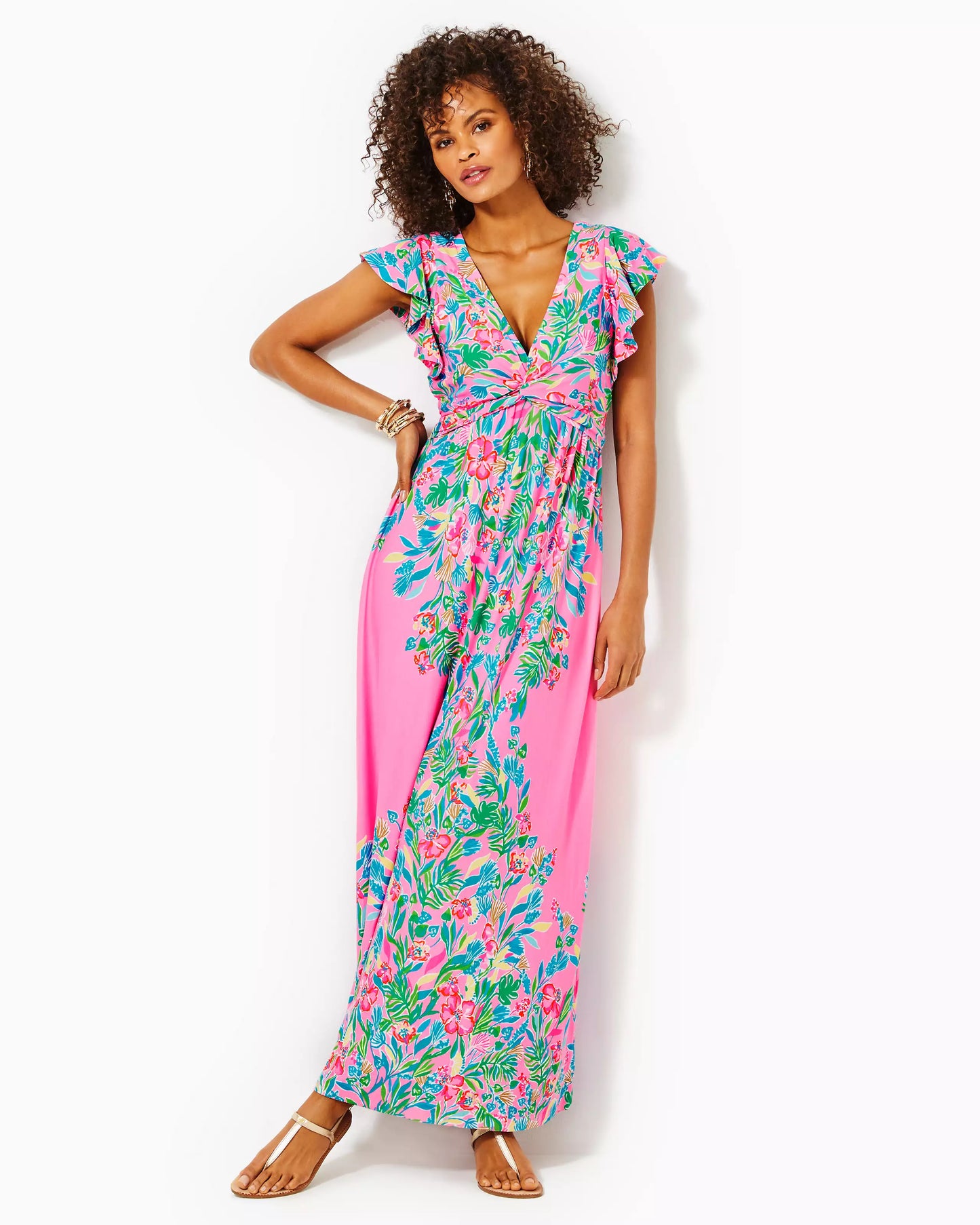 VERONA FLUTTER SLEEVE MAX, HAVANA PINK CASA JAGUAR ENGINEERED MAXI DRESS