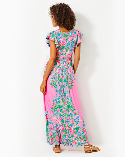 VERONA FLUTTER SLEEVE MAX, HAVANA PINK CASA JAGUAR ENGINEERED MAXI DRESS