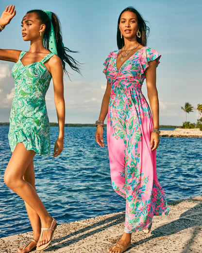 VERONA FLUTTER SLEEVE MAX, HAVANA PINK CASA JAGUAR ENGINEERED MAXI DRESS