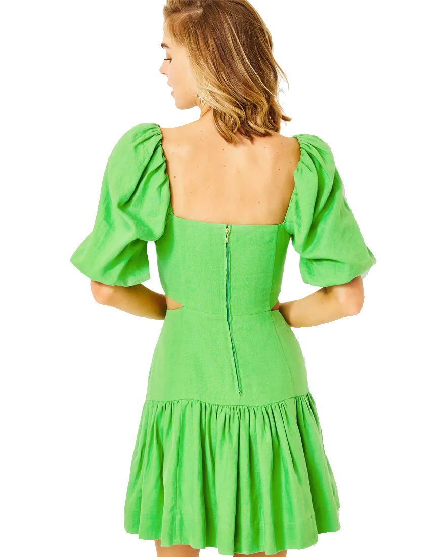 KYLANNIE ELBOW SLEEVE LINEN DRESS, GECKO GREEN