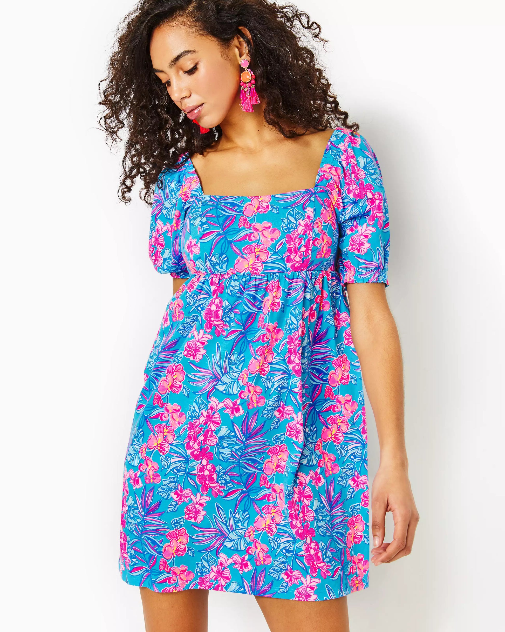 DELANEY SHORT SLEEVE DRESS, CUMULUS BLUE ORCHID OASIS Palm Place DELANEY SHORT SLEEVE DRESS, CUMULUS BLUE ORCHID OASIS Palm Place