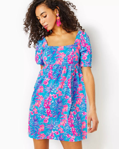 DELANEY SHORT SLEEVE DRESS, CUMULUS BLUE ORCHID OASIS