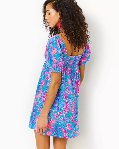 DELANEY SHORT SLEEVE DRESS, CUMULUS BLUE ORCHID OASIS