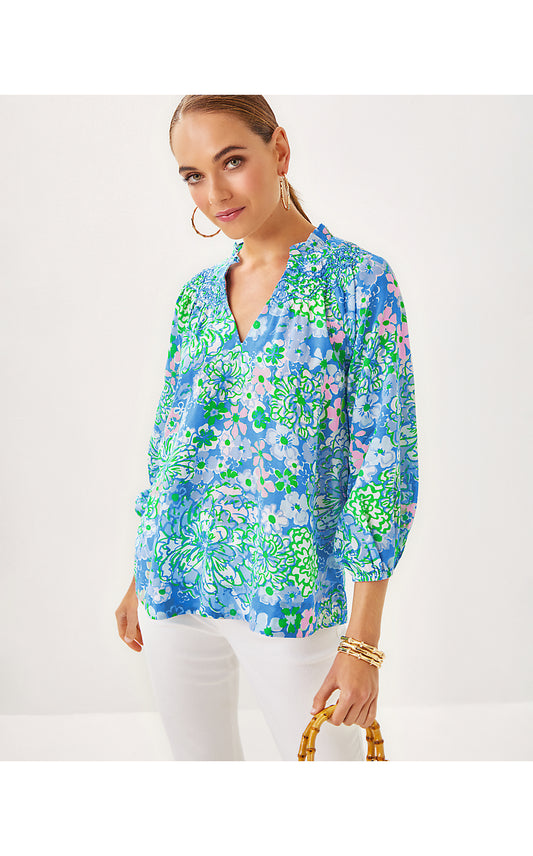 LOURDES 3/4 SLEEVE COTTON, SUNWASHED BLUE PLUMES IN BLOOM