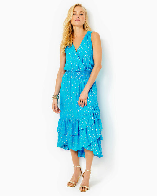 VALERI MIDI DRESS, CUMULUS BLUE VISCOSE METALLIC CLIP DOBBY