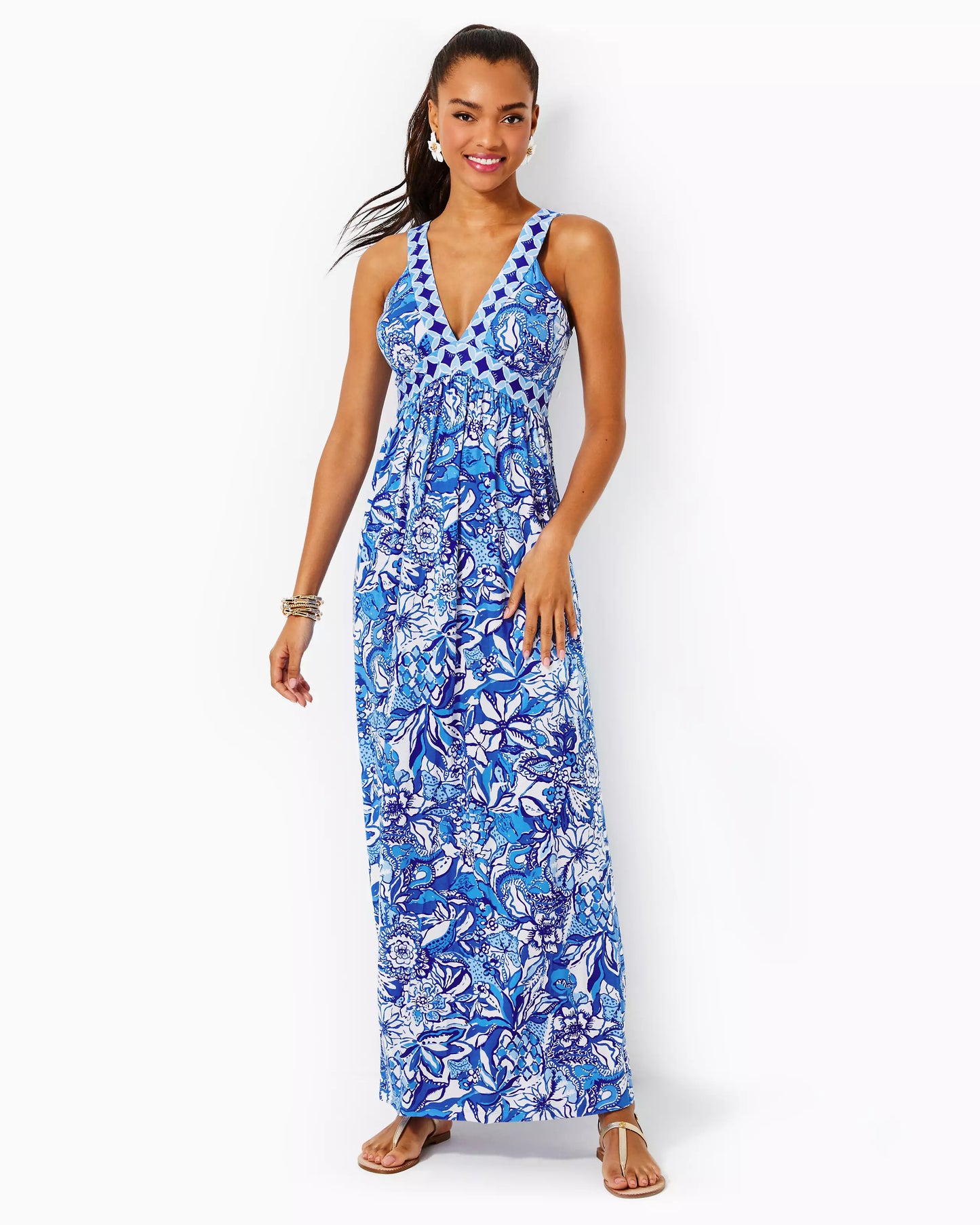 SERENA V-NECK MAXI DRESS, BLUE TANG FLOCKING FABULOUS ENGINEERED KNIT DRESS