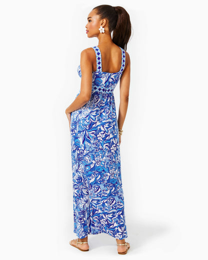 SERENA V-NECK MAXI DRESS, BLUE TANG FLOCKING FABULOUS ENGINEERED KNIT DRESS