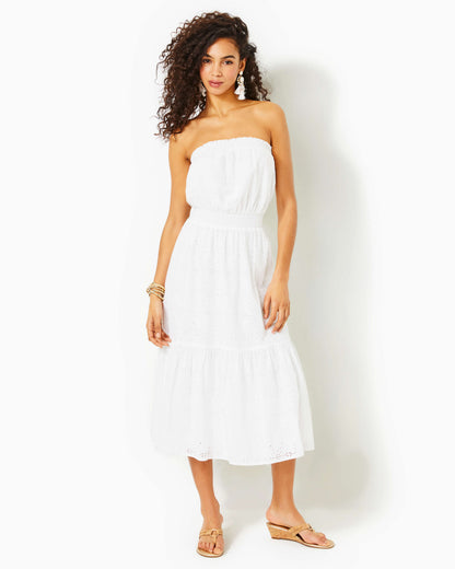 NIKOLE STRAPLESS EYELET MIDI DRESS, RESORT WHITE TIDEPOOL EYELET